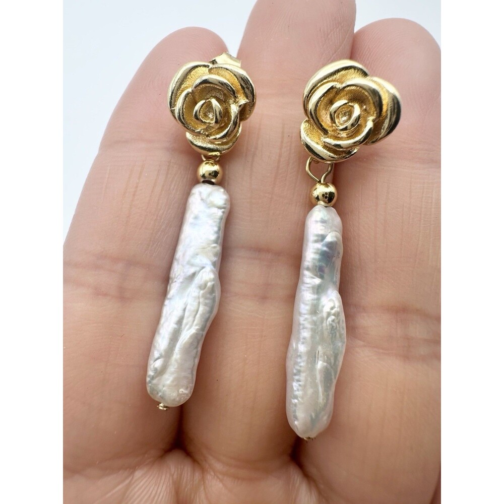 Baroque Pearl Rose Earrings Gold Tone Dangle